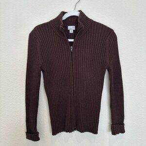 Caslon Brown Ribbed Zip Sweater